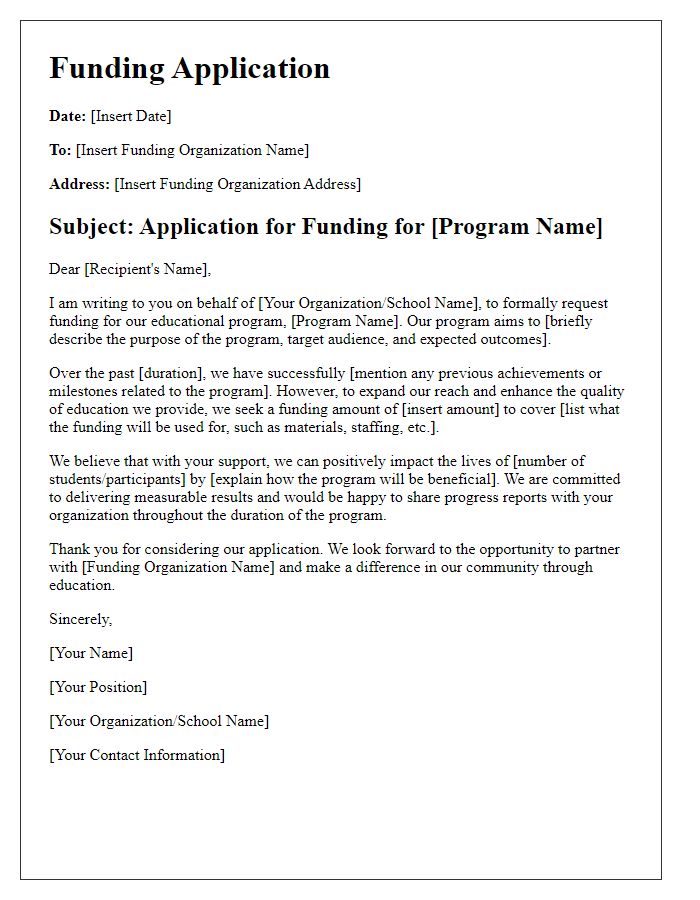 Letter template of funding application for educational program.