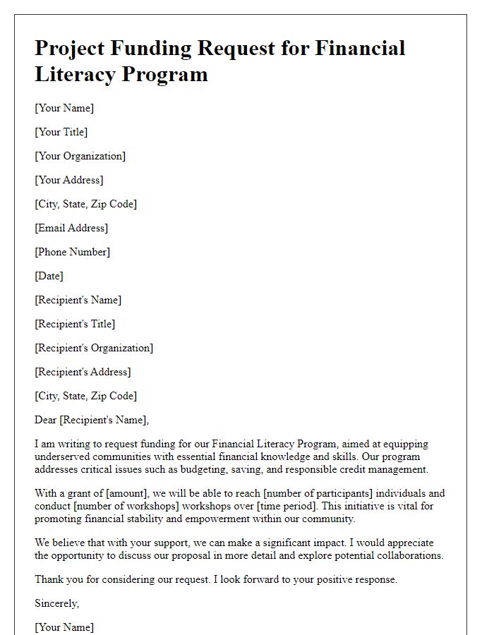 Letter template of project funding request for financial literacy program.