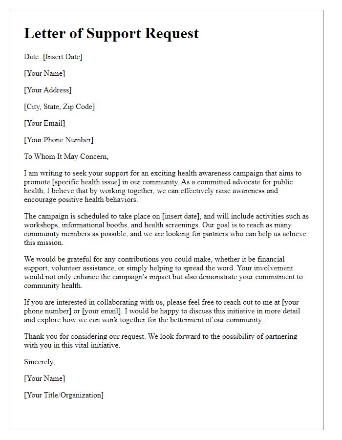 Letter template of support request for health awareness campaign.