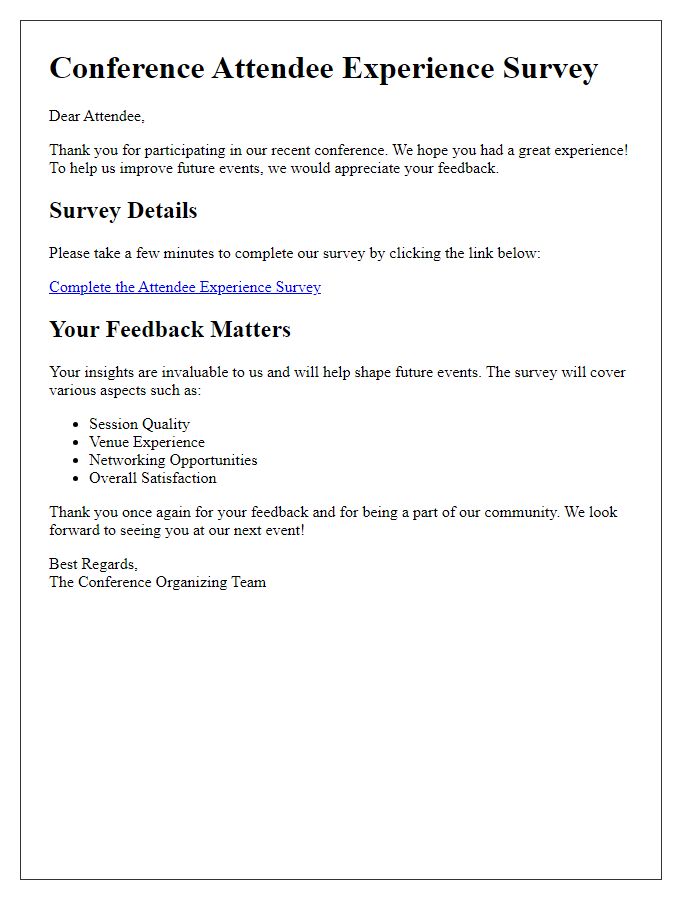 Letter template of attendee experience survey for conference