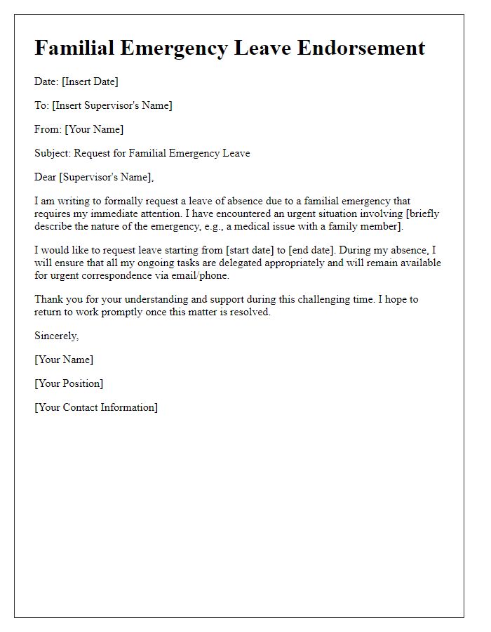 Letter template of familial emergency leave endorsement