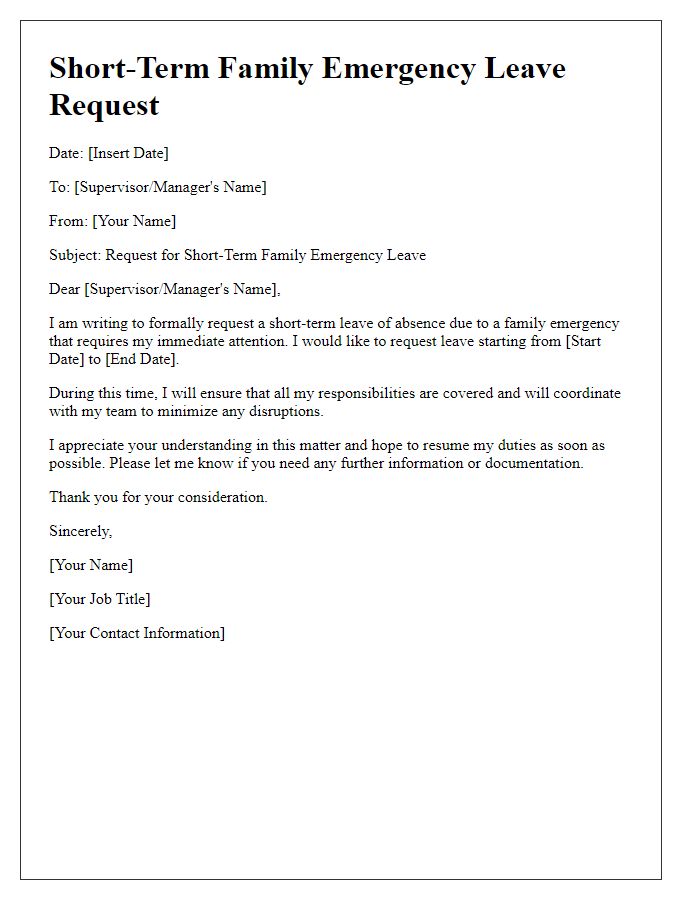 Letter template of short-term family emergency leave