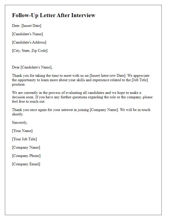 Letter template of follow-up correspondence after candidate interviews
