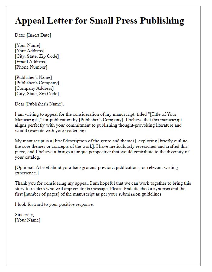 Letter template of appeal for small press publishing.