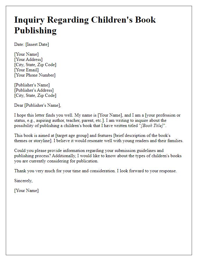 Letter template of inquiry for children's book publishing.