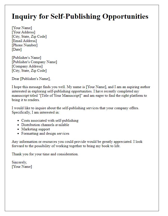 Letter template of inquiry for self-publishing opportunities.