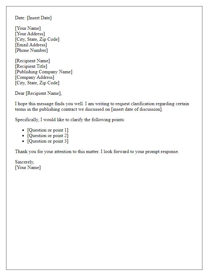 Letter template of request for publishing contract clarification.