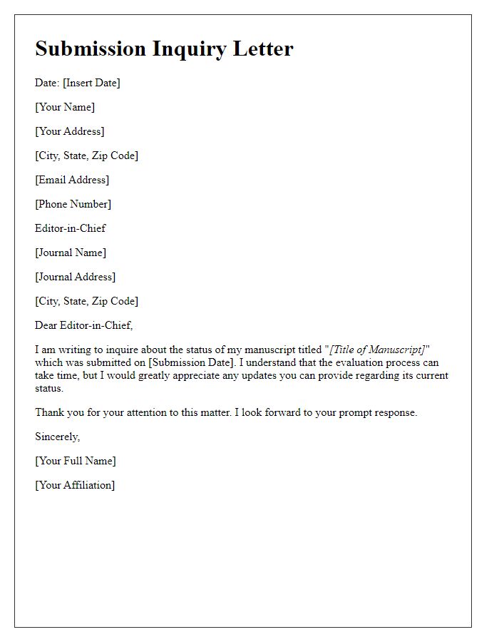 Letter template of submission inquiry for manuscript evaluation.