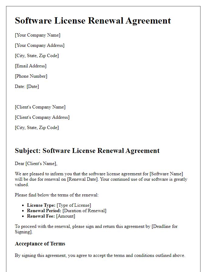 Letter template of software license renewal agreement