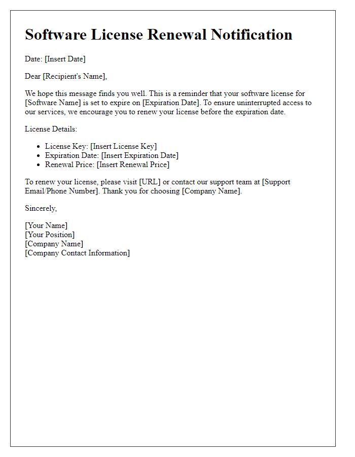 Letter template of software license renewal notification