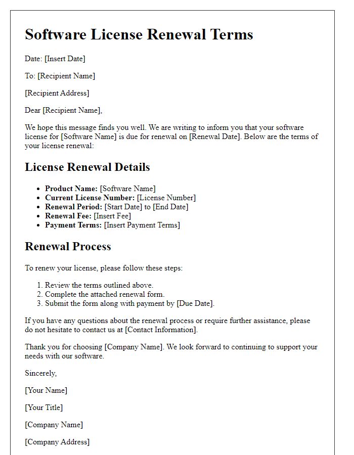 Letter template of software license renewal terms