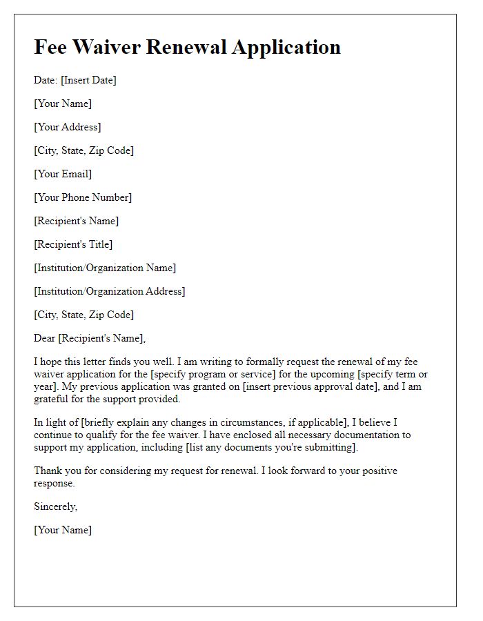 Letter template of renewal for fee waiver application