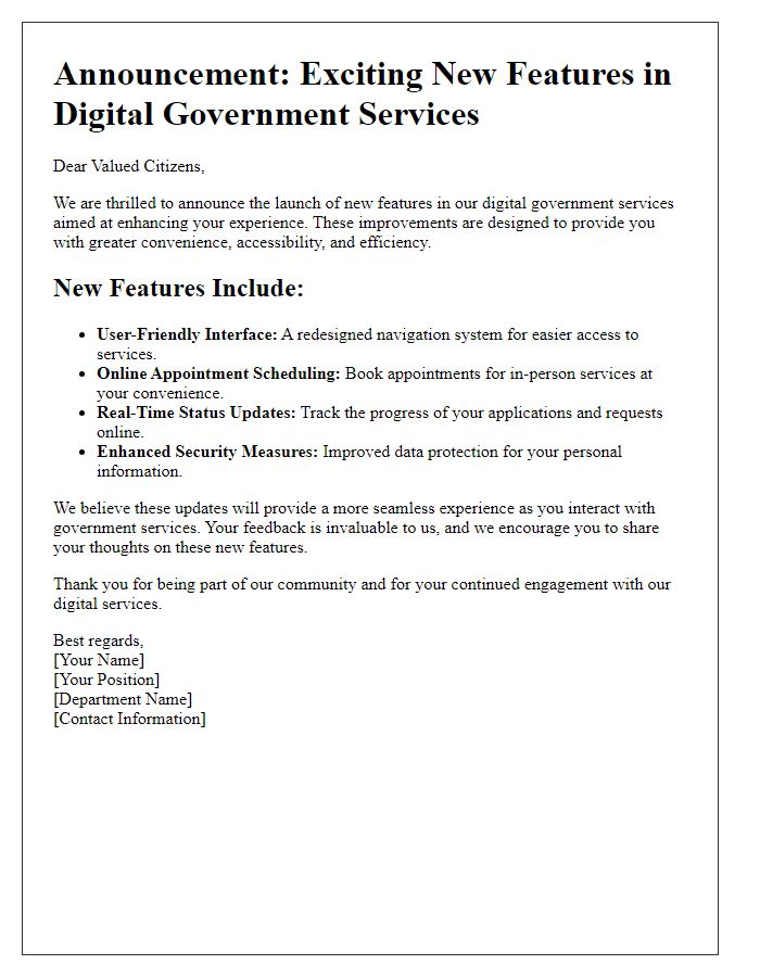 Letter template of announcement for new features in digital government services