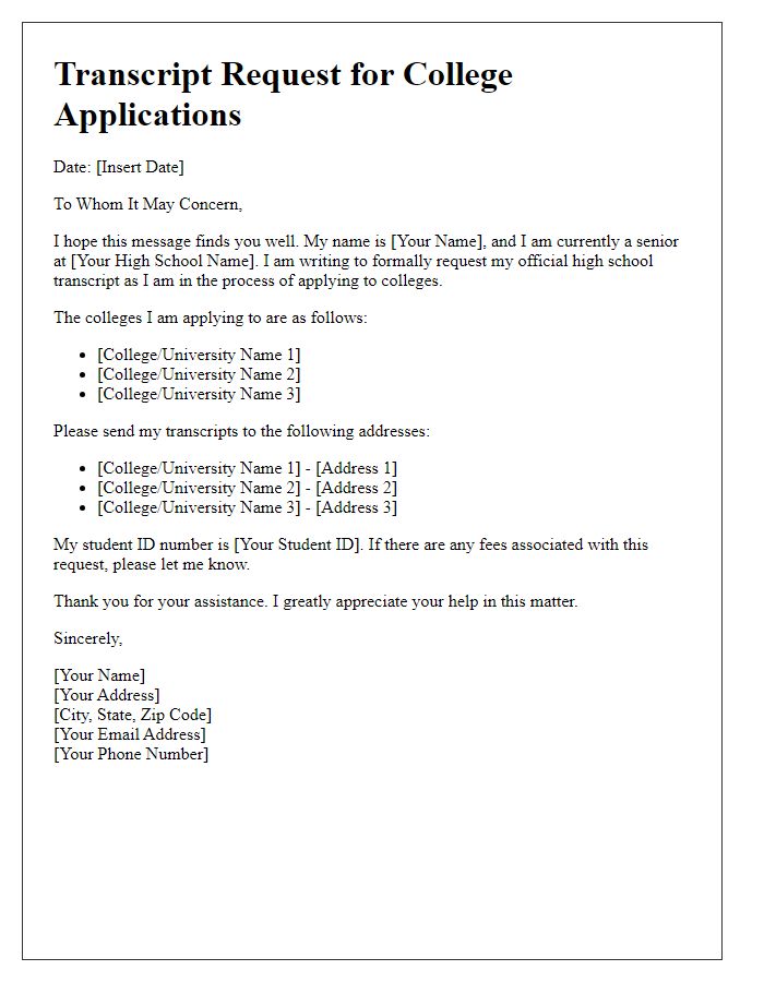 Letter template of high school transcript request for college applications