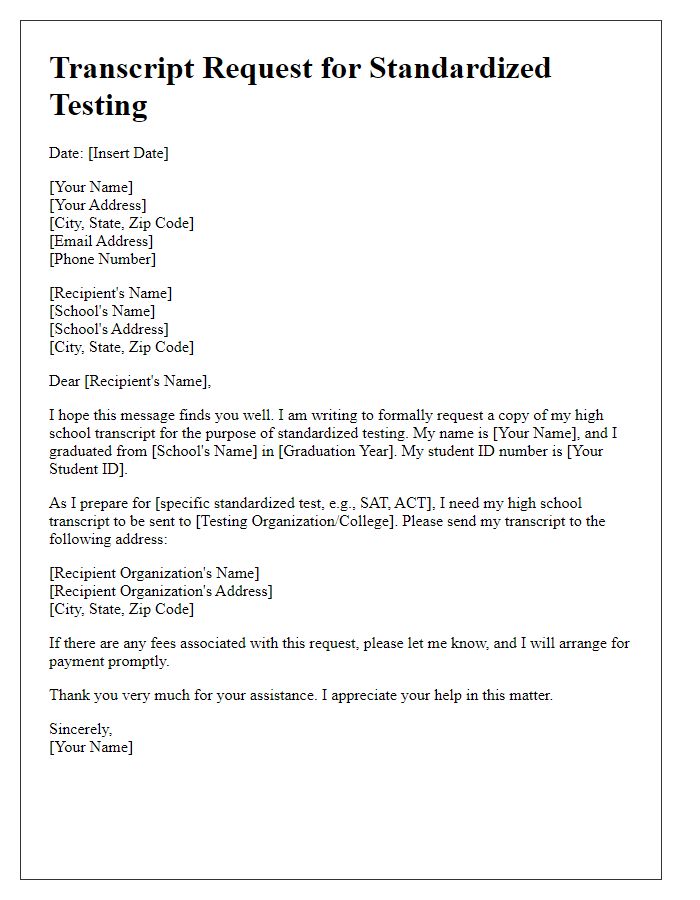 Letter template of high school transcript request for standardized testing