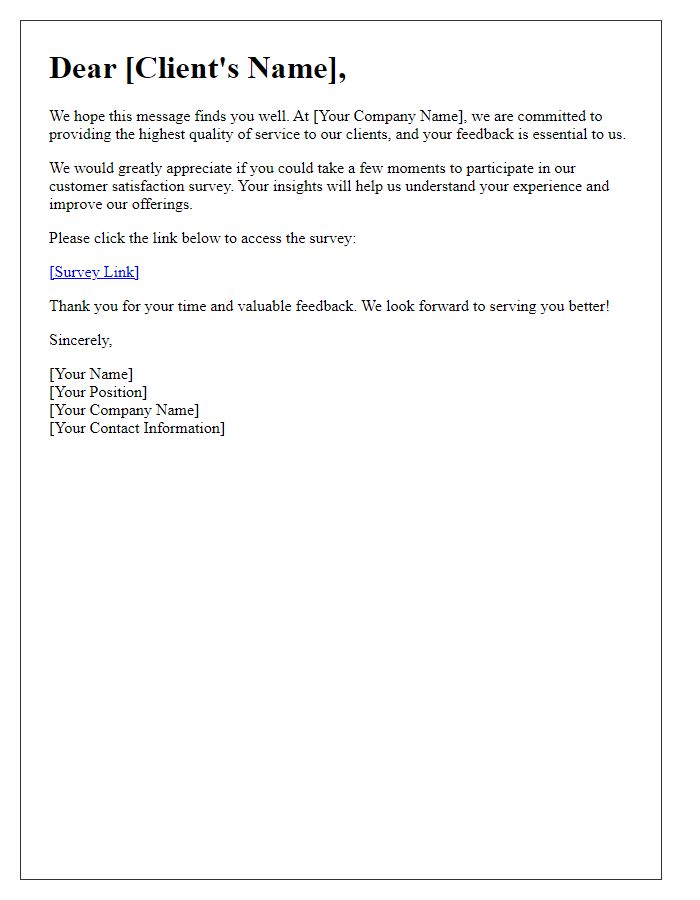 Letter template of client feedback request for customer satisfaction survey.