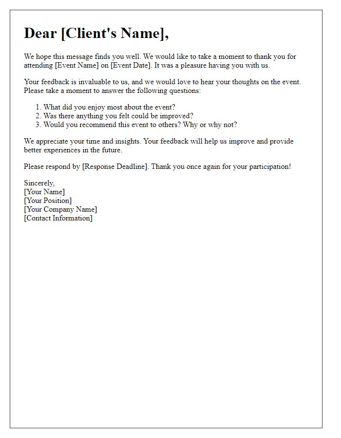 Letter template of client feedback request for event follow-up.