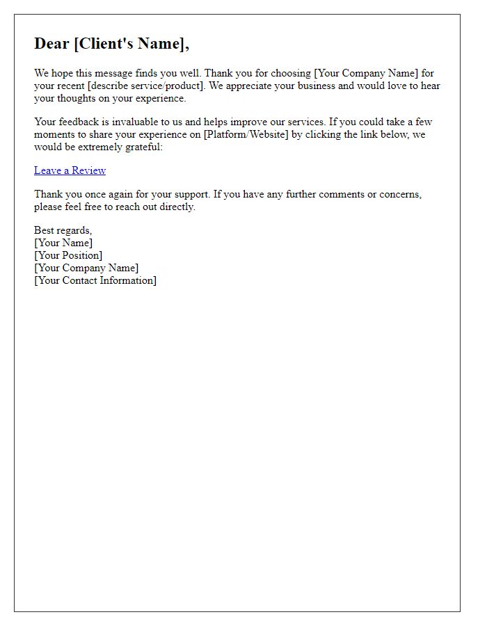 Letter template of client feedback request for online review.