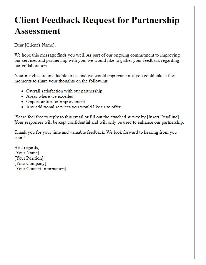 Letter template of client feedback request for partnership assessment.