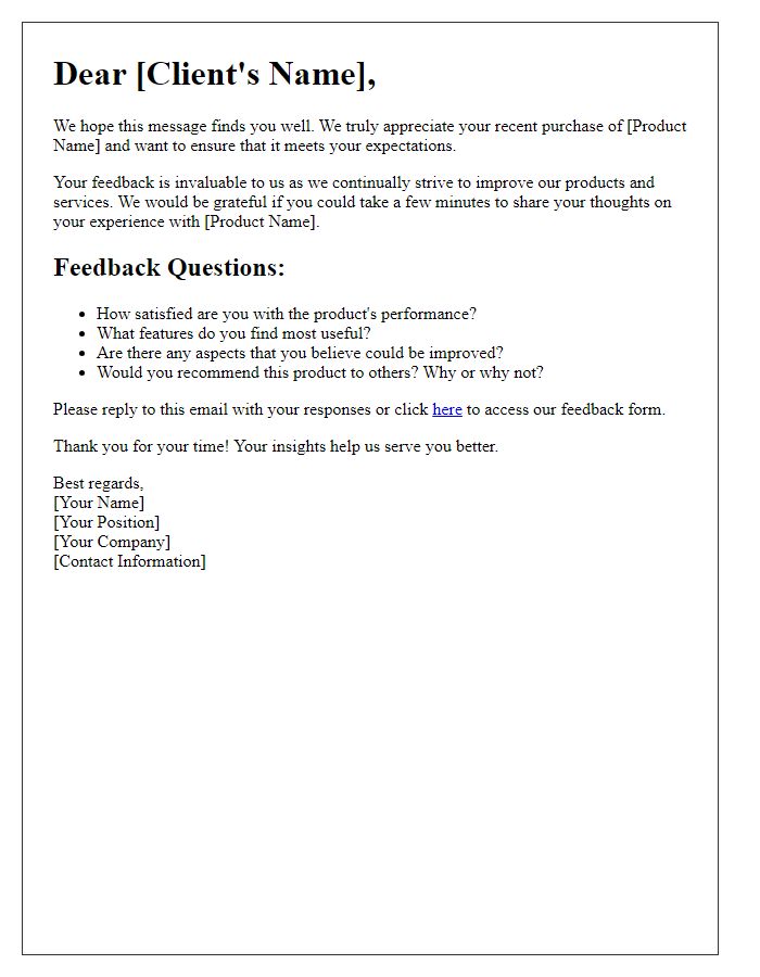 Letter template of client feedback request for product improvement.