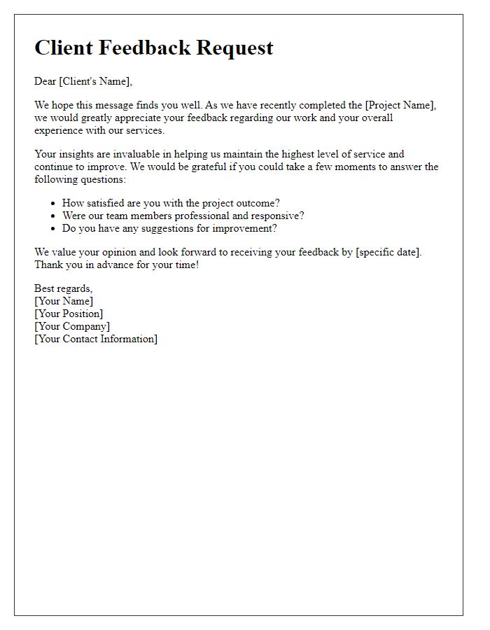 Letter template of client feedback request for project completion review.