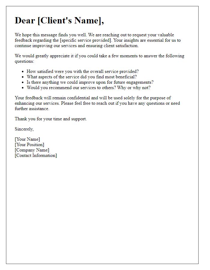 Letter template of client feedback request for service evaluation.