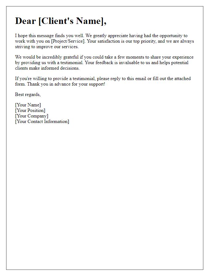 Letter template of client feedback request for testimonial collection.