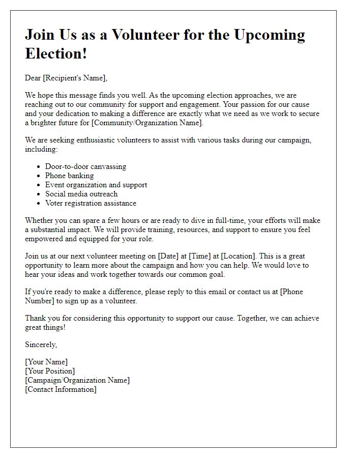 Letter template of volunteer recruitment for election campaign support