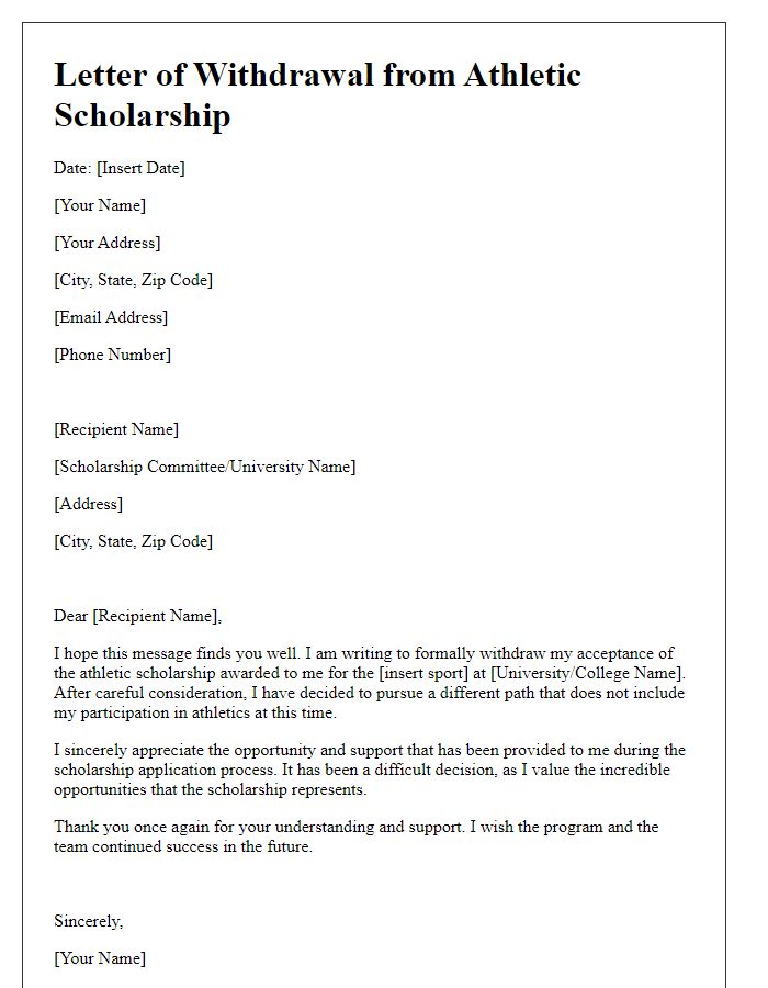 Letter template of athletic scholarship withdrawal