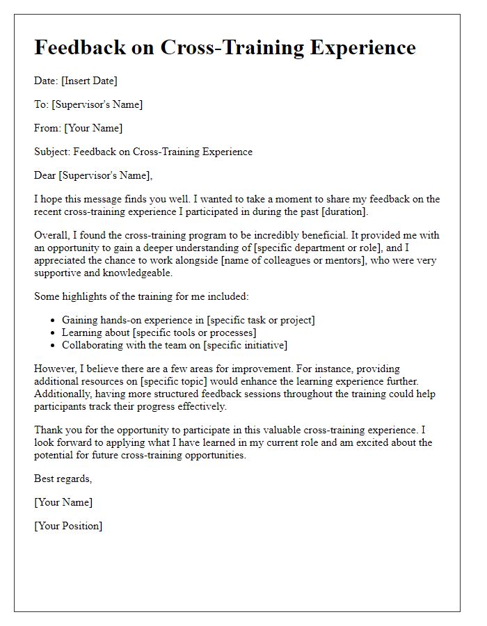 Letter template of feedback on cross-training experience