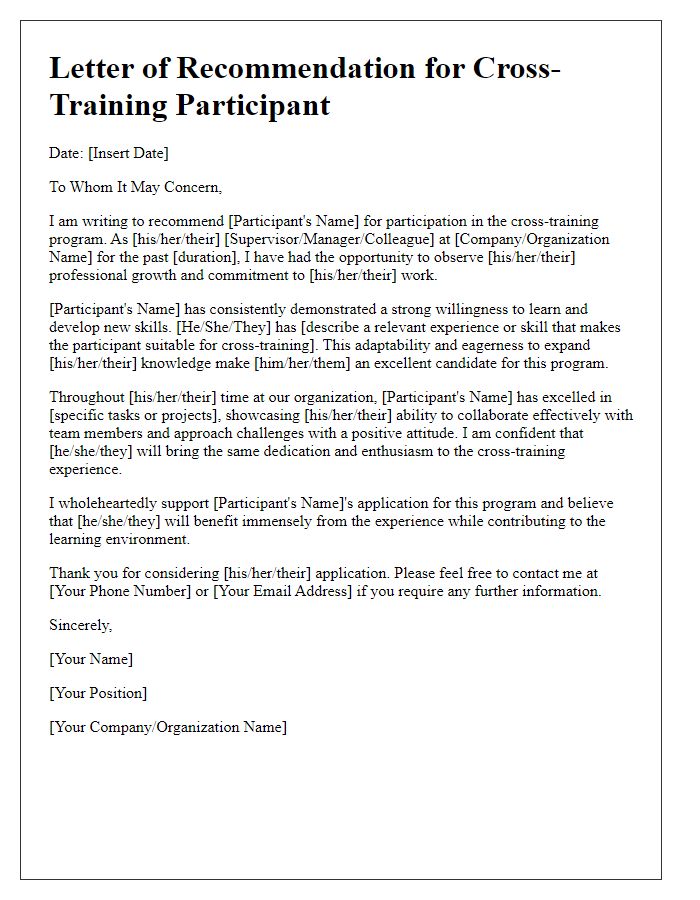 Letter template of recommendations for cross-training participants