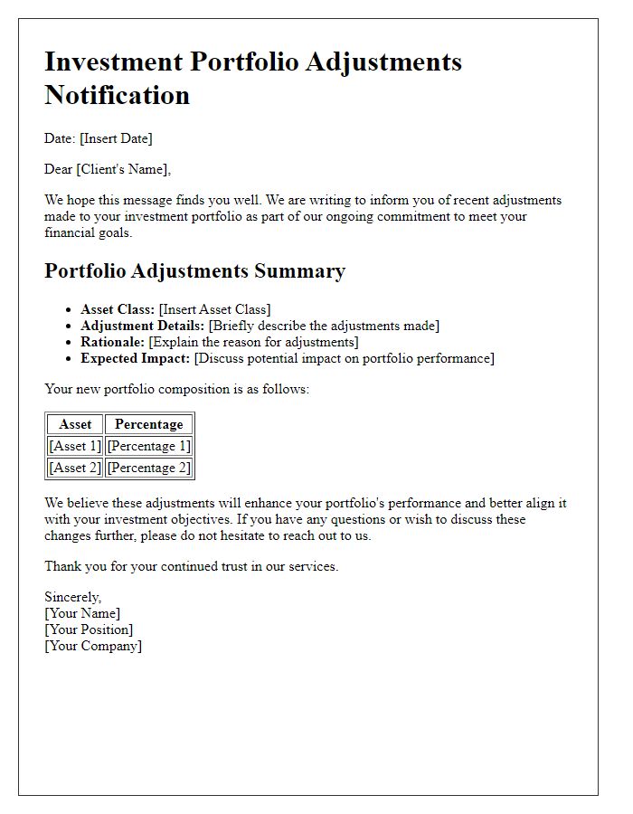 Letter template of investment portfolio adjustments notification