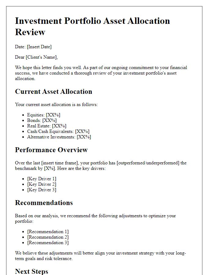 Letter template of investment portfolio asset allocation review