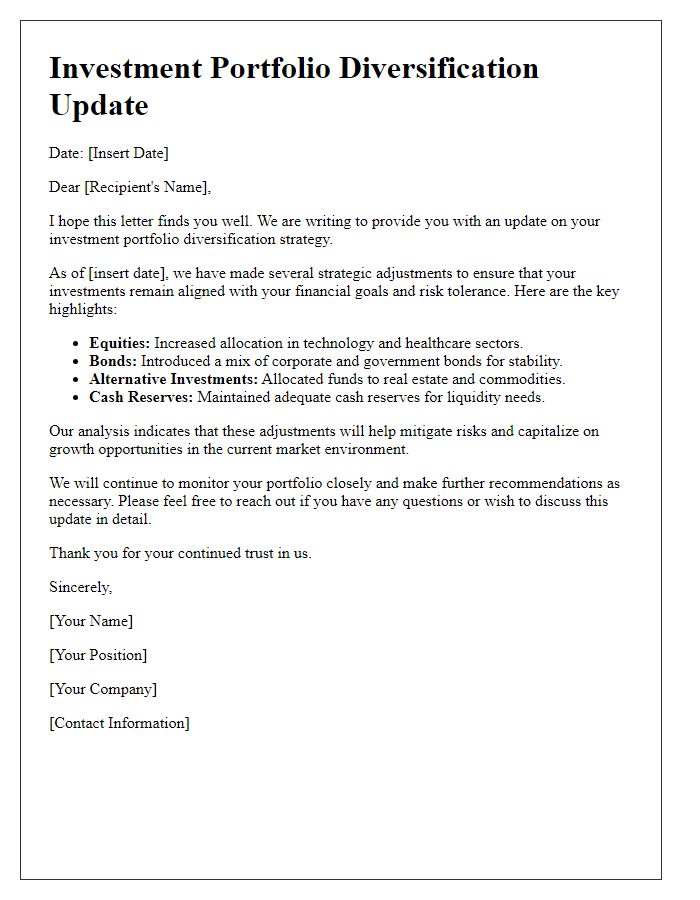 Letter template of investment portfolio diversification update