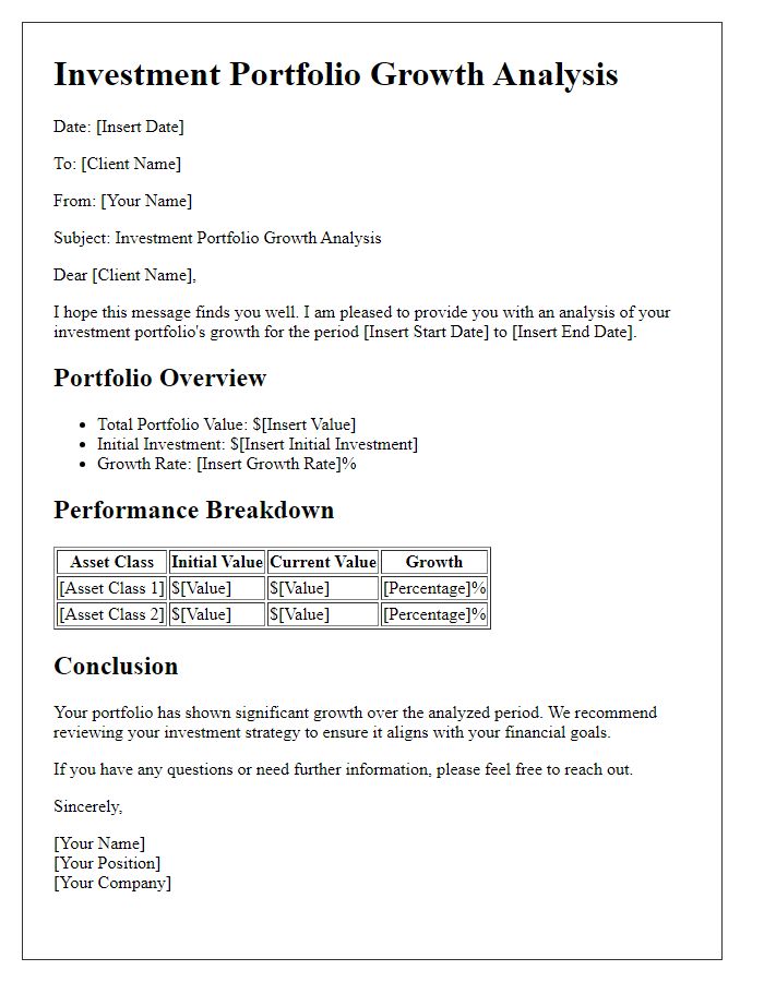 Letter template of investment portfolio growth analysis