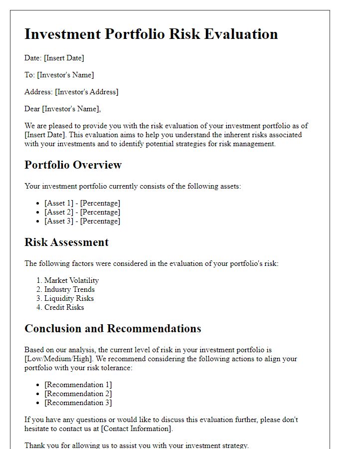 Letter template of investment portfolio risk evaluation