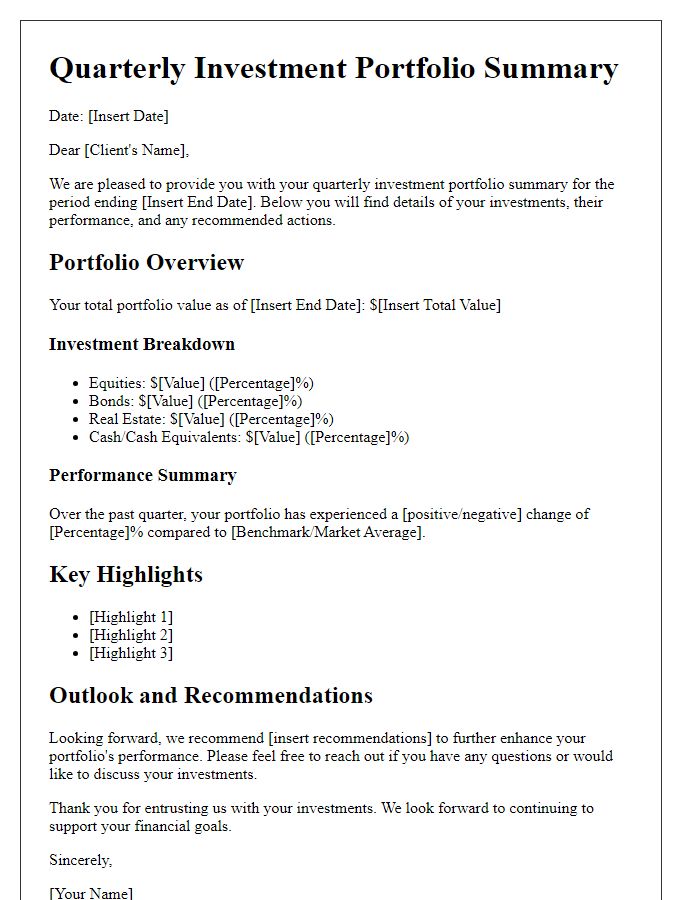 Letter template of quarterly investment portfolio summary