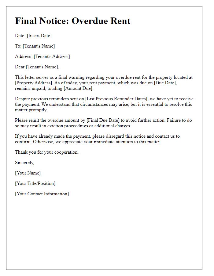 Letter template of final warning for overdue rent