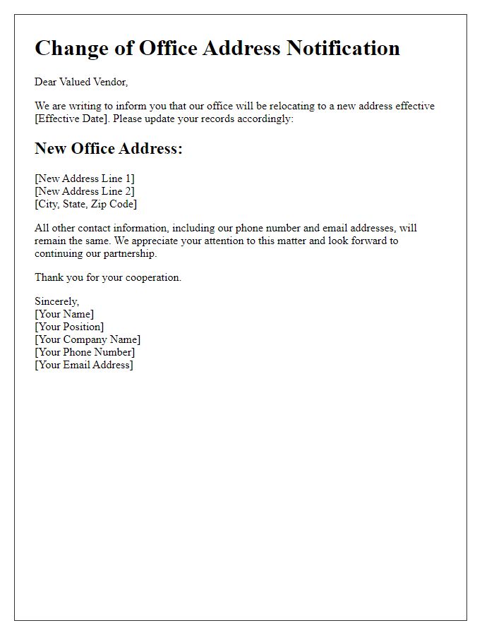 Letter template of change of office address for vendors.