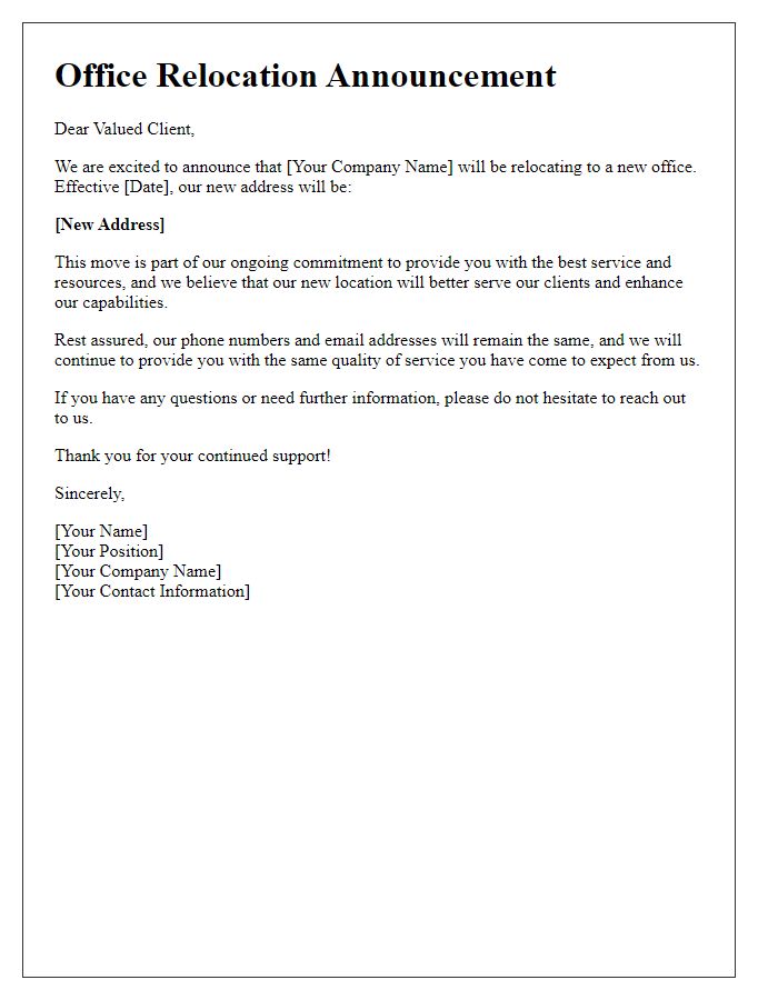 Letter template of office relocation announcement to clients.