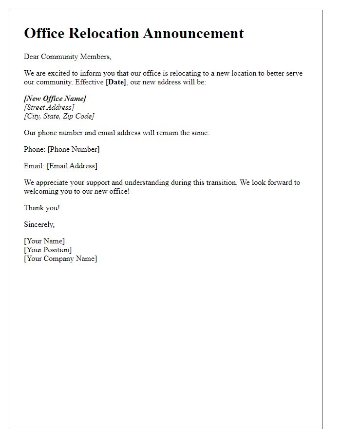 Letter template of office relocation information for the community.