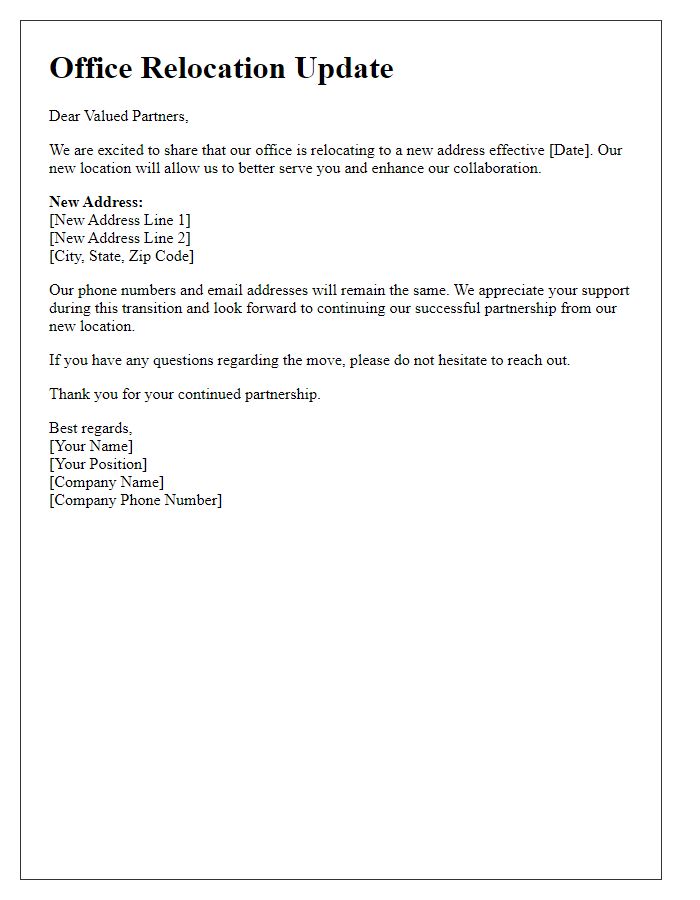 Letter template of office relocation update for partners.