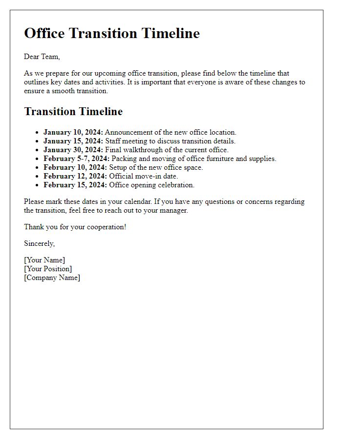 Letter template of office transition timeline for staff.