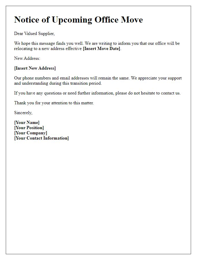 Letter template of upcoming office move for suppliers.