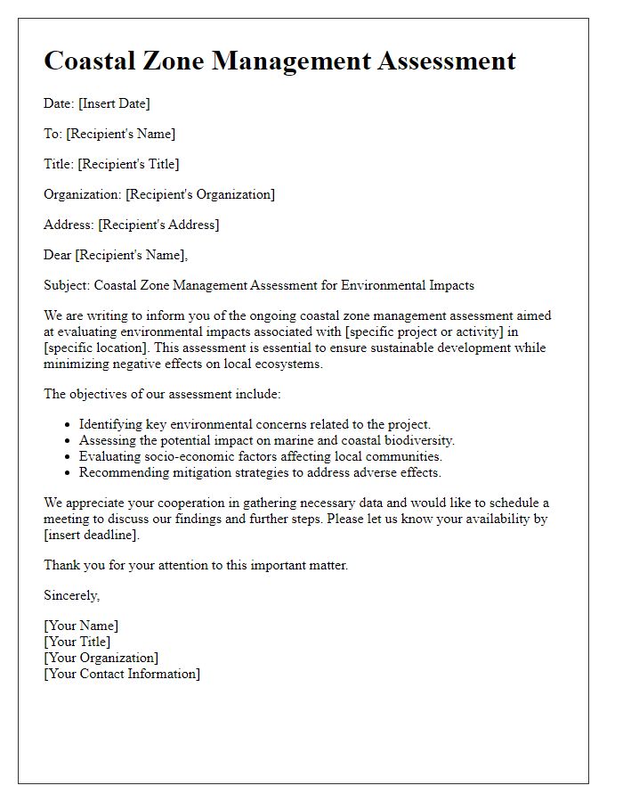 Letter template of coastal zone management assessment for environmental impacts