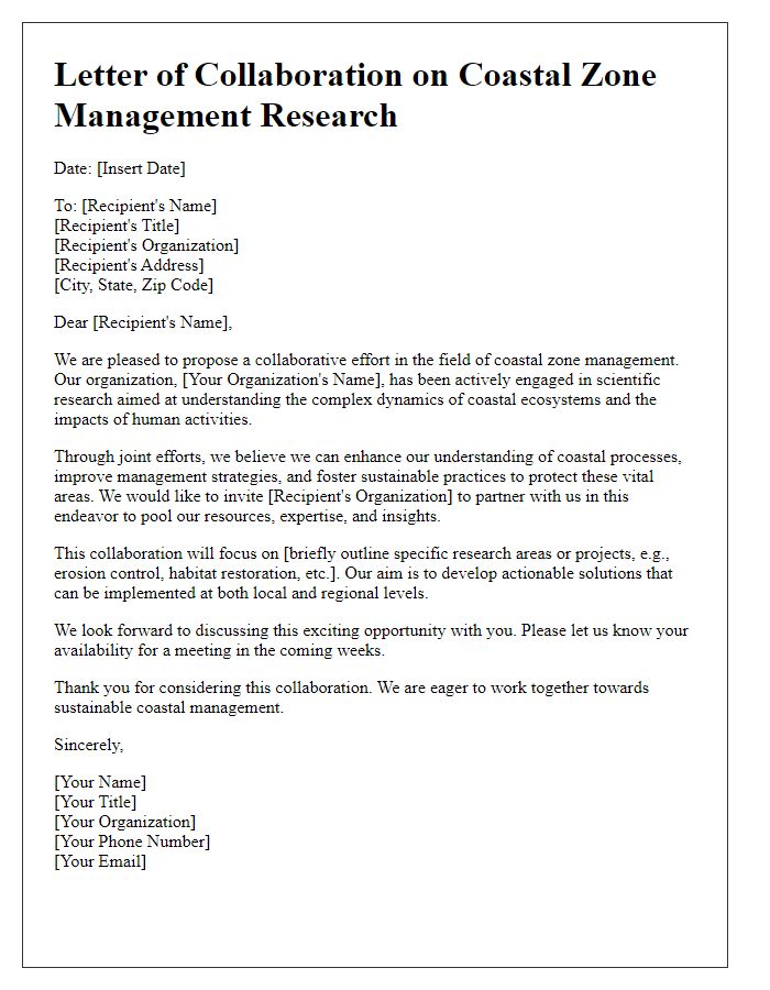 Letter template of coastal zone management collaboration for scientific research