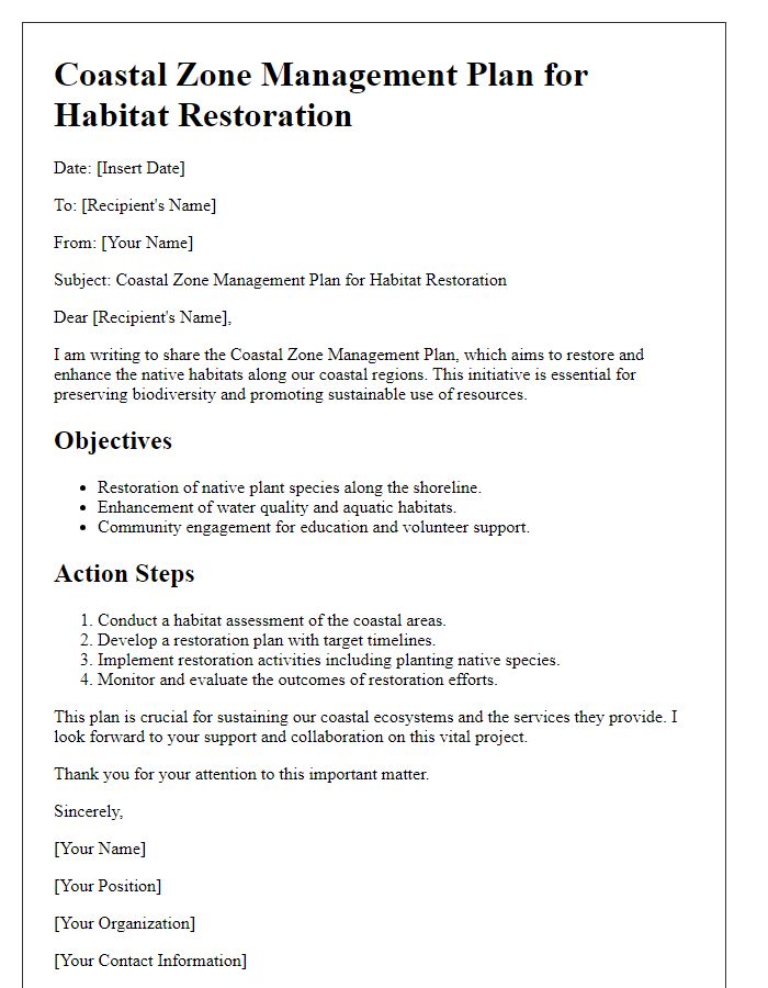 Letter template of coastal zone management plan for habitat restoration