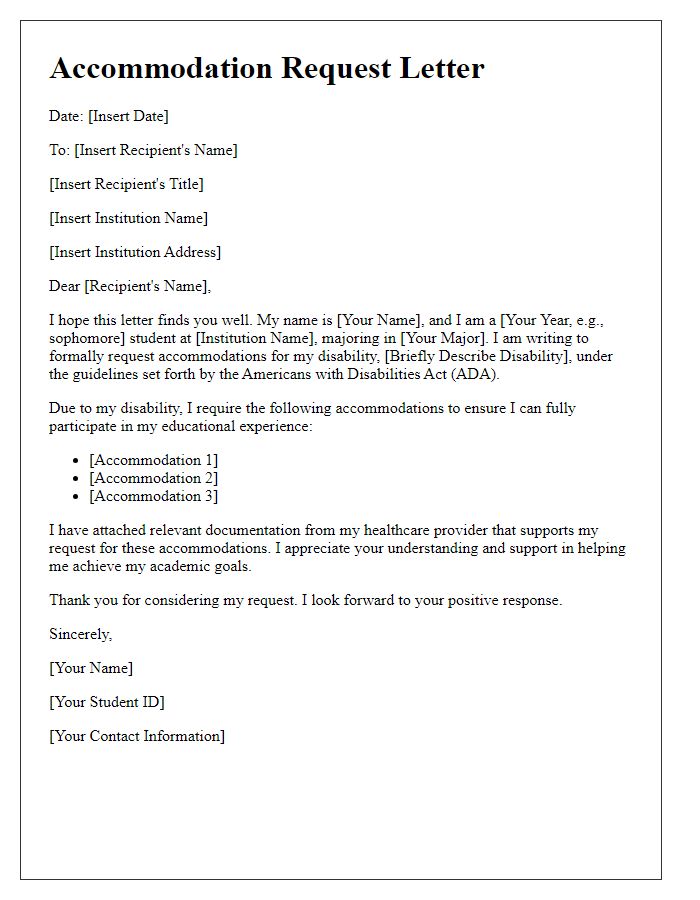 Letter template of accommodation request for students with disabilities.