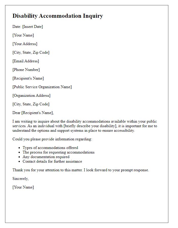 Letter template of disability accommodation inquiry for public services.