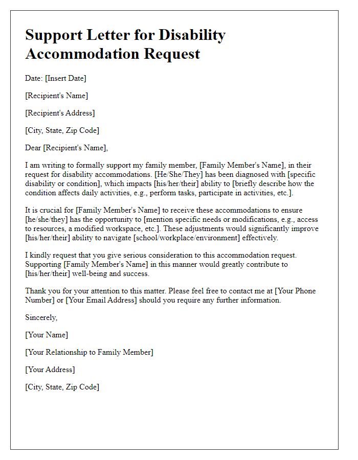 Letter template of family member support for disability accommodation request.